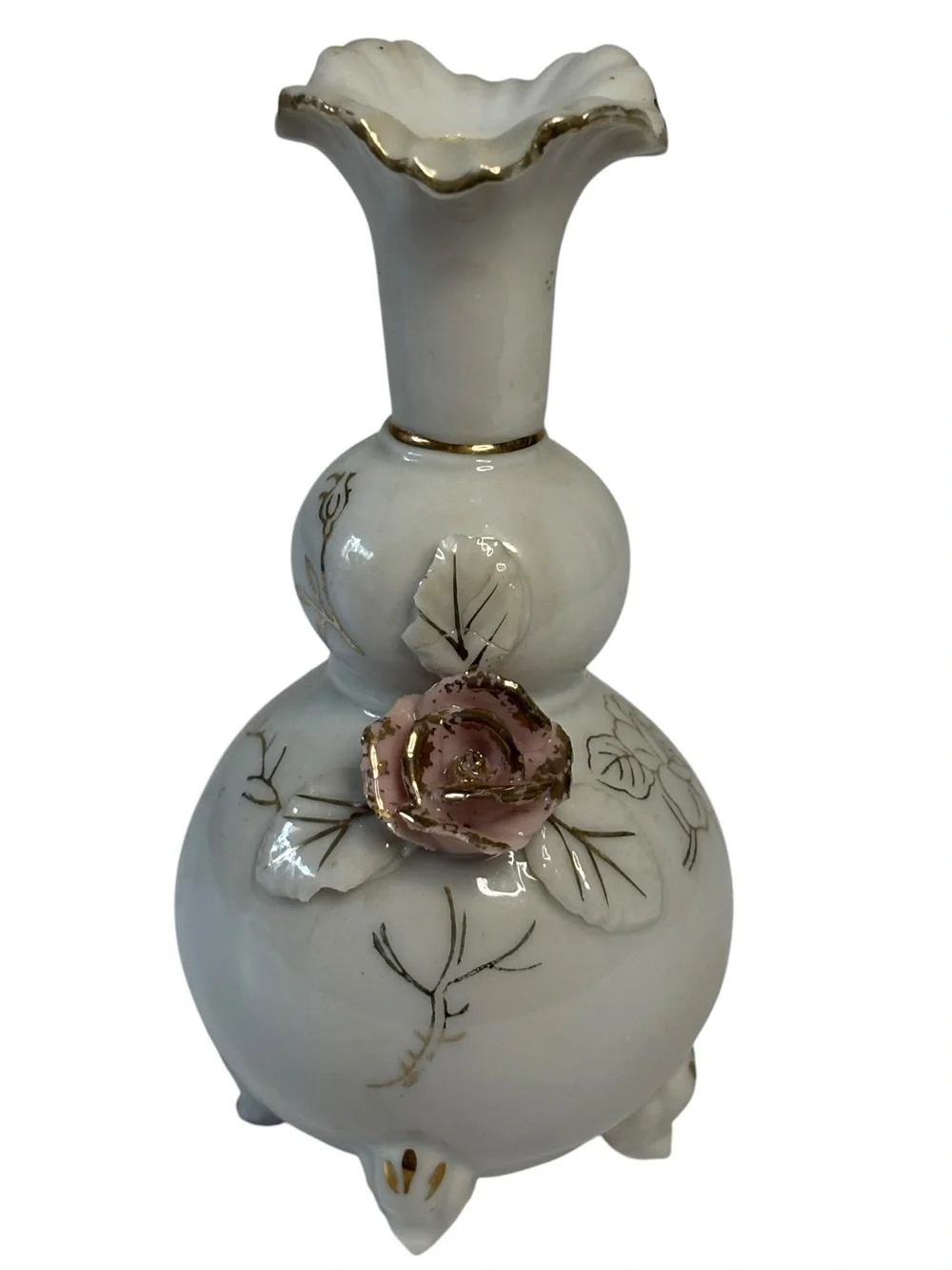 Vintage Tilso Japan Green Floral Porcelain Trinket Box & Bud Vase Vanity set